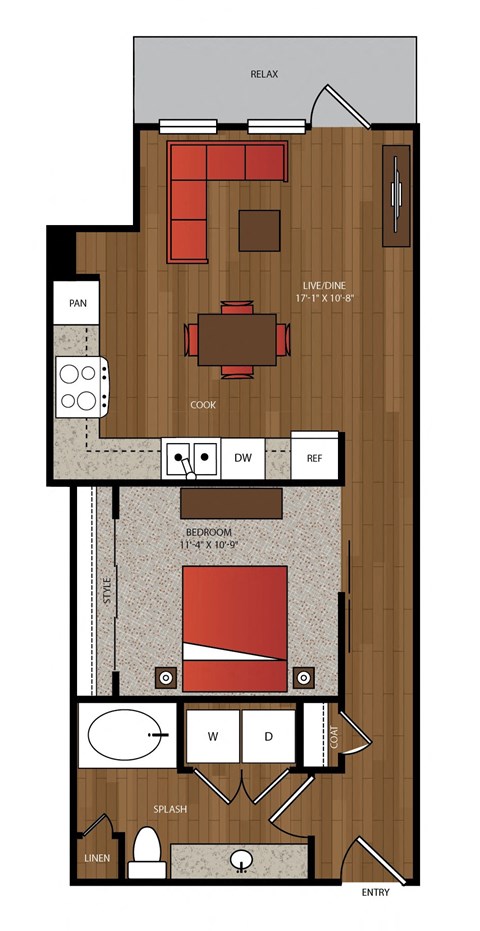 Floor plan for 1 bed, 1 bath, 705 sqft
